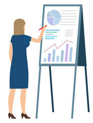Woman with pen making notes on board with graphs and charts. Vector business person analytic financial worker analyzing sales and trades on data diagram