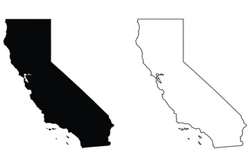 California CA state Map USA. Black silhouette and outline isolated maps on a white background. EPS Vector