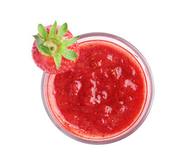 Tasty strawberry smoothie in glass isolated on white, top view