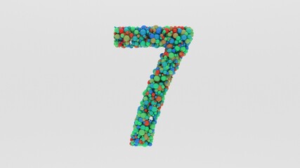 3D Render of Number 7 from multi-colored particles of spheres. for presentations, reports, statistics and more