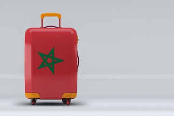 Morocco national flag on a stylish suitcases on color background. Space for text. International travel and tourism concept. 3D rendering.