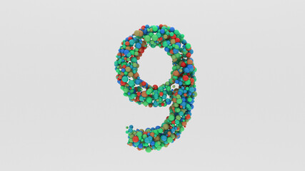3D Render of Number 9 from multi-colored particles of spheres. for presentations, reports, statistics and more