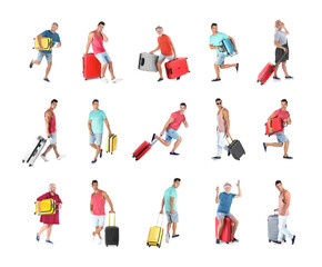 Fototapeta premium People with different suitcases on white background, collage