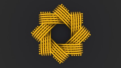 3d render of abstract golden pattern. Gray background. Ring. Stripes.