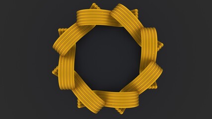 3d render of abstract golden pattern. Gray background. Ring. Stripes.