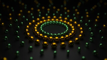 3d render of abstract colorful pattern shapes. Gold. Green