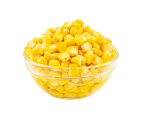 Yellow corn seeds in glass bowl isolated on white