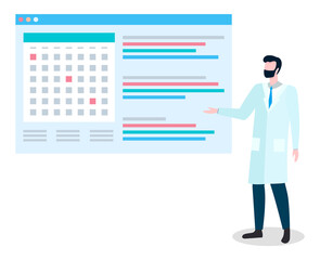 Doctor standing near big sheet with calendar. Person in gown work at hospital. Man provides medical services, people can make appointment any time. Vector illustration of clinic in flat style