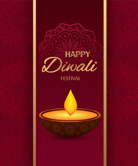 Happy Diwali greeting card red and gold color concept. India festival of lights holiday invitations template, banner, card, postcard. Vector illustration.