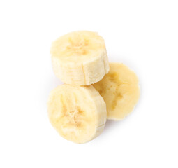 Fototapeta na wymiar Pieces of tasty ripe banana isolated on white, top view