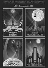 Obraz premium Retro Futuristic Space Posters, Art Deco Style Old Fantastic Movie Placards Stylization, Space Rockets, Earth, Moon, Venus