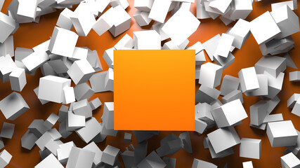 3d abstract background of various cubes. studio lighting. macro shot. orange floor