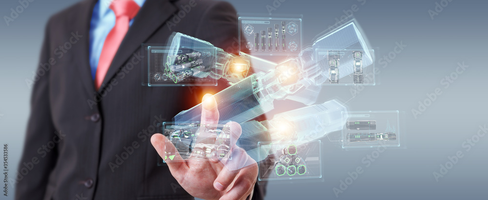 Poster man holding and touching green renewable energy battery 3d rendering