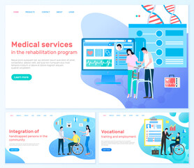Website of program that integrate handicap people to community. Medical services and vocational training, rehabilitation programs and employment for disabled people. Vector illustration in flat style
