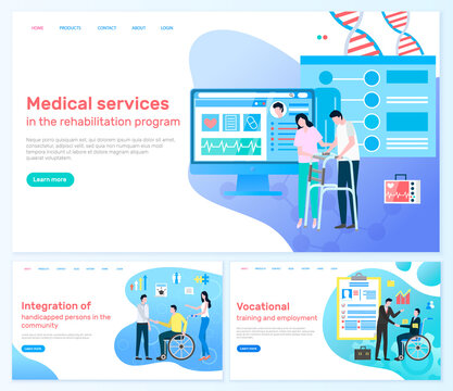 Website Of Program That Integrate Handicap People To Community. Medical Services And Vocational Training, Rehabilitation Programs And Employment For Disabled People. Vector Illustration In Flat Style