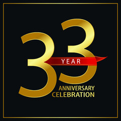 33 year minimalist logo years, jubilee, greeting card. Red and Gold Ribbons for Birthday invitation. Sign Ribbon Gold space vector illustration on black background - Vector