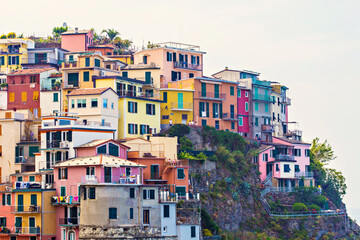 Manarola aerial view, colorful houses on the cliff, Cinque Terre National Park, Liguria, Italy