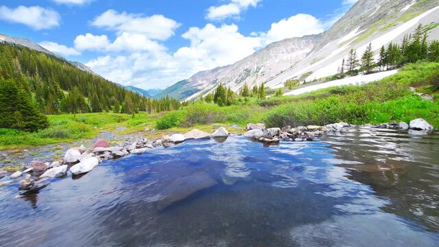 Panning pov handheld view swimming inside hot springs on Conundrum Creek Trail in Aspen, Colorado United States in 2019 summer with view of mountains