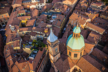 Aerial view of Santi Bartolomeo and Gaetano steeple and dome in Bologna, Italy