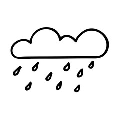 doodle cloud with raindrops illustration hand drawn vector. One simple cloud on the sky. Thick black stroke isolated on white