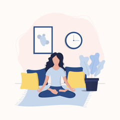 Women sitting on the floor in lotus pose and meditating.Woman doing yoga at home. Meditation pose. Flat design