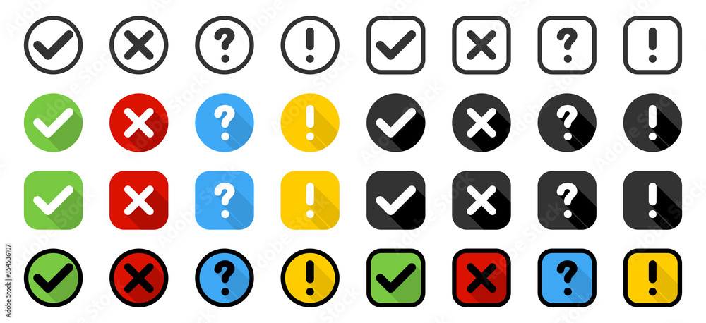 Wall mural buttons. check mark and cross with question and exclamation signs, isolated. signs collection in cir