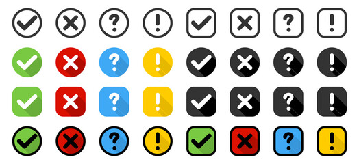 Buttons. Check mark and cross with question and exclamation signs, isolated. Signs collection in circle and square with shadow in flat design. Vector illustration