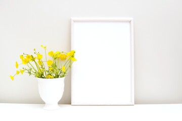 Empty white frame mock up, mockup for photo, art, painting, minimal interior, yellow flowers in vase.
