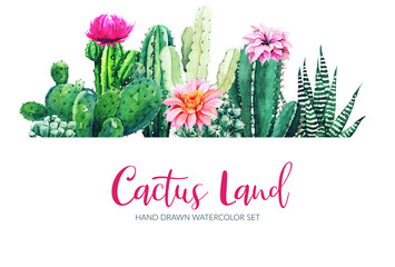 Horizontal banner with watercolor cactus and succulent plants © nurofina