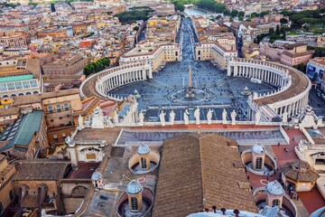 Aerial view of Vatican city and St. Peter's square from the dome viewpoint of St. Peter's Basilica, Rome, Italy