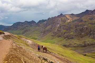 Fototapeta premium Peruvian woman with a horse at Vinicunca Rainbow mountain, Cusco province, Peru