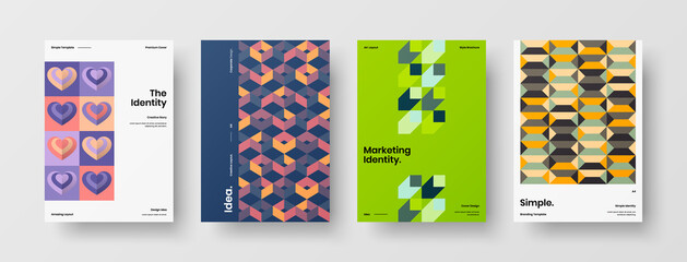 Company identity brochure template collection. Business presentation vector A4 vertical orientation front page mock up set. Corporate report cover abstract geometric illustration design layout bundle.