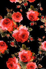Seamless watercolor painted roses flower pattern on black