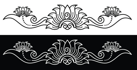 Border design concept of Lotus flower with spirals and leaves isolated on Black and white background 