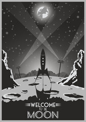 Retro Fantastic Movie Poster Stylization, 1920s, 1930s Retro Future Monochrome Illustration, Space Rocket, Moon Surface