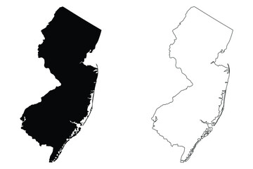 New Jersey NJ state Maps. Black silhouette and outline isolated on a white background. EPS Vector - obrazy, fototapety, plakaty