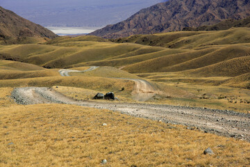 Dirt road among the mountains. Kazakhstan