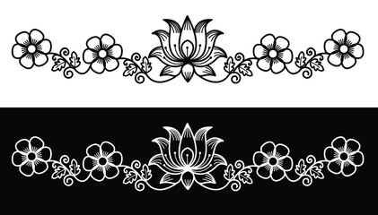 Border design concept of lotus flower with leaves and petals isolated on black and white background