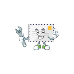 A smart mechanic letter cartoon mascot design fix a broken machine