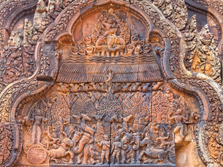 Fire in the Khandava Forest on a wall of the 'Citadel of the Women' - Banteay Srei, Cambodia