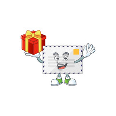 Letter cartoon mascot concept design with a red box of gift