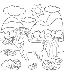 Kids coloring page with cute unicorn, mountains and flowers. Simple shapes, contour for small children. Vector illustration.