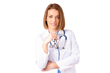 Fototapeta premium Smiling female doctor portrait at isolated white background