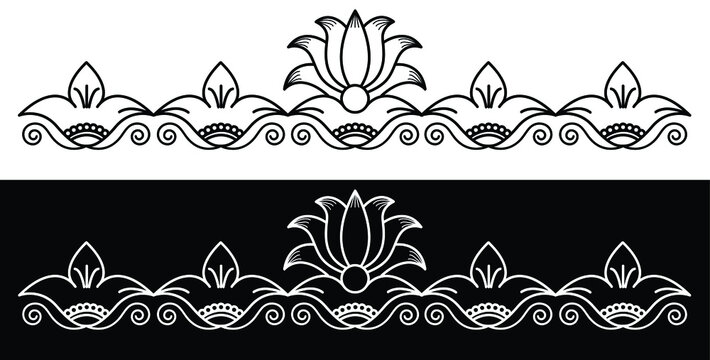 Border design concept of Lotus flower with leaves and decoration isolated on black and white background