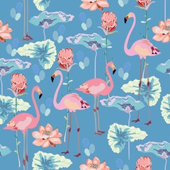 Pink flamingos surrounded by lotus flowers and protea on a light gray, cream background. Seamless vector floral pattern with tropical motif. Square repeating design for fabric and wallpaper