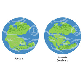 Vector Earth illustrations of continental drift, flat globe icons with supercontinents: Pangea, Laurasia, Gondwan (Paleozoic and Mesozoic eras).