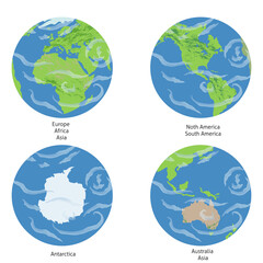 Vector Earth illustration. Flat world globe icons with different continents.