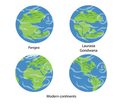 Vector Earth illustrations of continental drift, flat globe icons with  supercontinents and present continents: Pangea, Laurasia, Gondwana, Africa, Europa, Asia, North and South America.
