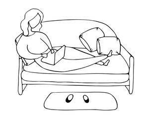 Isolated hand drawn vector illustration of student or worker with laptop on quarantine on sofa in doodle style. Online education, freelance in home office.