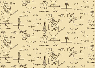 Physical equations in vintage notes of the abstract. The law of force of gravity. Vector hand-drawn illustration. Vintage scientific and educational background.
